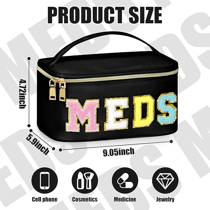 BuyCard Medicines Chenille Letter Bag Nylon Meds Makeup Pouch Preppy Path with Zipper and Handle Cosmetic Toiletry Storage Purse for Women Black