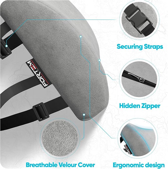 FORTEM Lumbar Support Pillow for Office Chair, Lumbar Support Pillow for Car, Back Rest for Gaming, Memory Foam Pillow, Desk Chair Cushion, Breathable & Washable Cover, Adjustable Straps