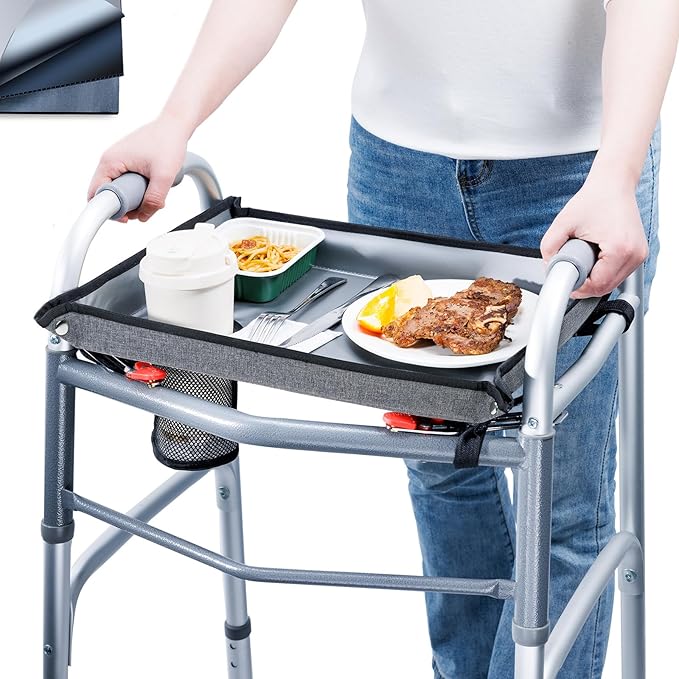 BAGSFY Walker Tray with Cup Holder – Hard Top Walker Accessory for Seniors – Folding Walker Table for Meals, Reading, Drinks – Non-Slip, Easy Install, Universal Fit