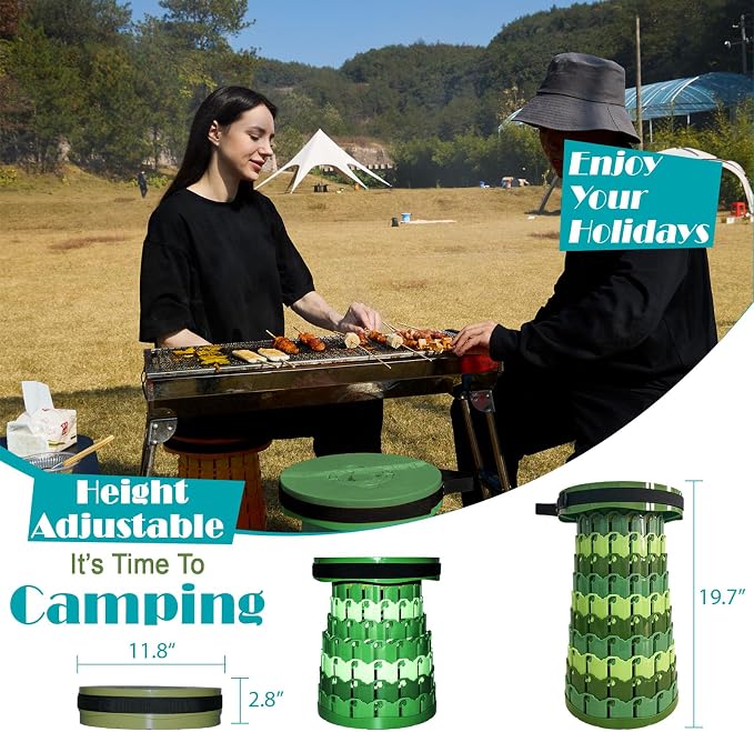 Collapsible Stool with Cushion,1000 lbs Capacity,19.7-in Adjustable Height | Wider & Taller Heavy Duty Portable Telescoping Folding Seat Chair for Adults Camping,Fishing,Travel,Queue Wait,Stadium View