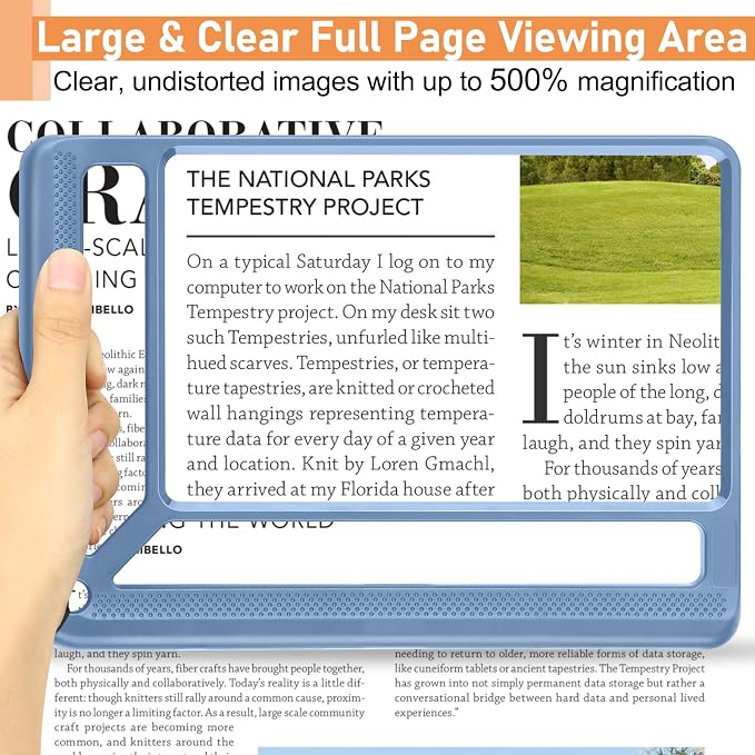 AKKYCVS 5X Full Page Magnifying Glass for Reading, Lightweight Rectangular Magnifier Provides Large Book Page Viewing Area, Handheld Magnifier for Reading Small Prints for Seniors, Low Vision-Blue