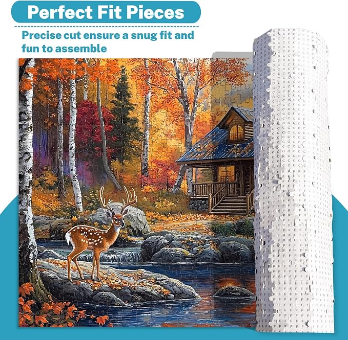 500 Piece Puzzle for Adults, Autumn Fall Landscape Jigsaw Puzzles 500 Pieces, Deer Forest Cabin River Scene, 500 Piece Puzzles for Adults, Cozy Nature Puzzle, Family Game, Home Decor Gift 20.5 x 15 in