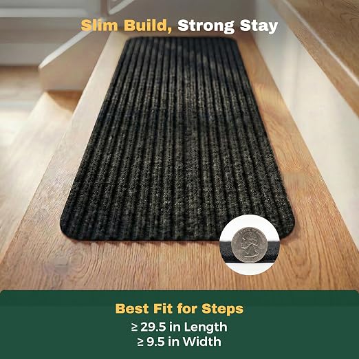 MBIGM Carpet Stair Treads for Wooden Steps, 7 Pack, 8" x 30", Black Stripe | Four-layer polyester carpet with PP grid base, nonwoven cushion and TPR adhesive backing adds indoor traction and comfort