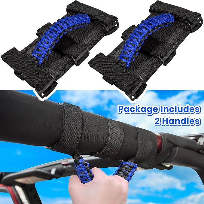 E-cowlboy Roll Bar Grab Handles Grip Handle for Jeep Wrangler JK JKU JL JLU TJ YJ Sports Sahara Freedom Rubicon Unlimited Gladiator JT 1955-2023 UTV ATV Accessories Premium 550 Paracord (Blue 2 Pack)