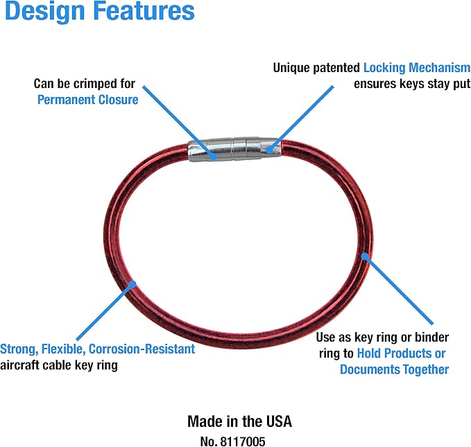 Lucky Line 5” Twisty Lock Key Ring, Flexible Nylon Coated Steel Wire Loop, Corrosion-Resistant and Durable, 5 Pack, Red (8117005)