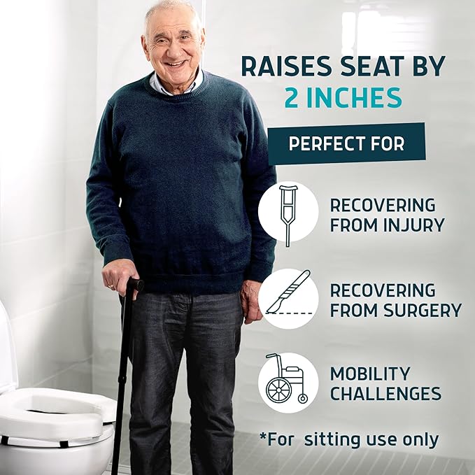 Lunderg Padded Toilet Seat Riser for Seniors - Adds 2 inches. Universal Fit - FIRM Raised Toilet Seat Cushion with High-Density Foam for Enhanced Comfort & Elevation. Post-Surgery Must have (White)
