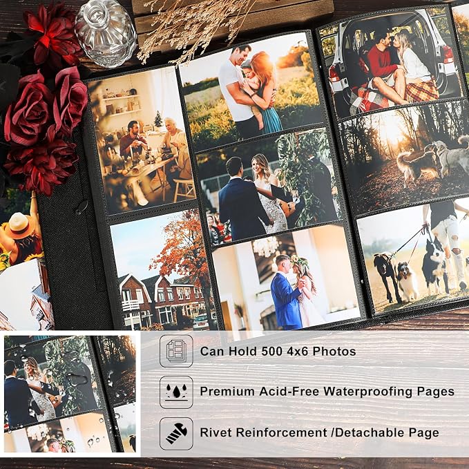 Ywlake Photo Album 4x6 500 Pockets, Large Capacity Family Wedding Leather Picture Albums Holds 500 Horizontal and Vertical Photos Grey