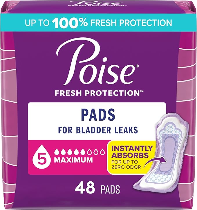 Poise Incontinence & Postpartum Pads for Bladder Leaks, 5 Drop Maximum Absorbency, Regular Length, 48 Count, Packaging May Vary
