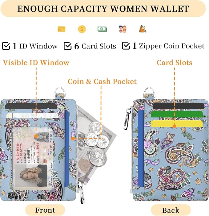 Hancynir Boho Floral Slim Wallet Women Credit Card Holder, RFID Small | Zipper Pocket Wallet, Thin Travel Coin Purse, Ladies Women Gifts, Minimalist Card Case, 6 Card Slots, ID Window, PU Leather