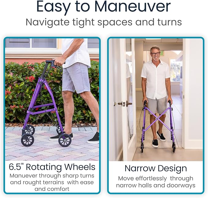 Vive Mobility Lightweight Walker for Seniors - Narrow, Folding Walker | W/Wheels for Small & Tight Spaces - Light Weight for Balance, Compact Doorways, Foldable - Portable & Collapsible for Travel
