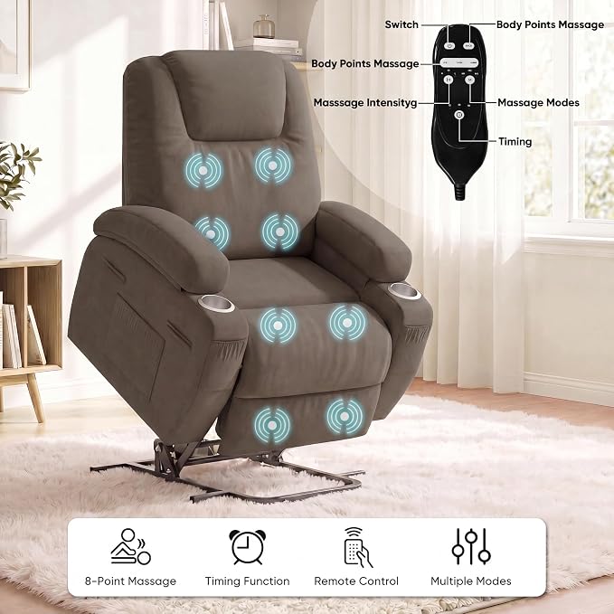 Flamaker Power Lift Chair Massage Recliner Chairs for Elderly | Ergonomic Lift Recliner Design with Cup Holders & Side Pockets, Remote Control (Dark Brown)