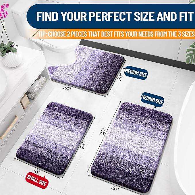 OLANLY Bathroom Rug Set 2 Piece, Soft Absorbent Microfiber Bath Mats and U-Shaped Contour Toilet Rug, Non-Slip, Machine Wash Dry, Plush Shaggy Bath Mats for Bathroom (24"x16"+U24 x20, Violet)