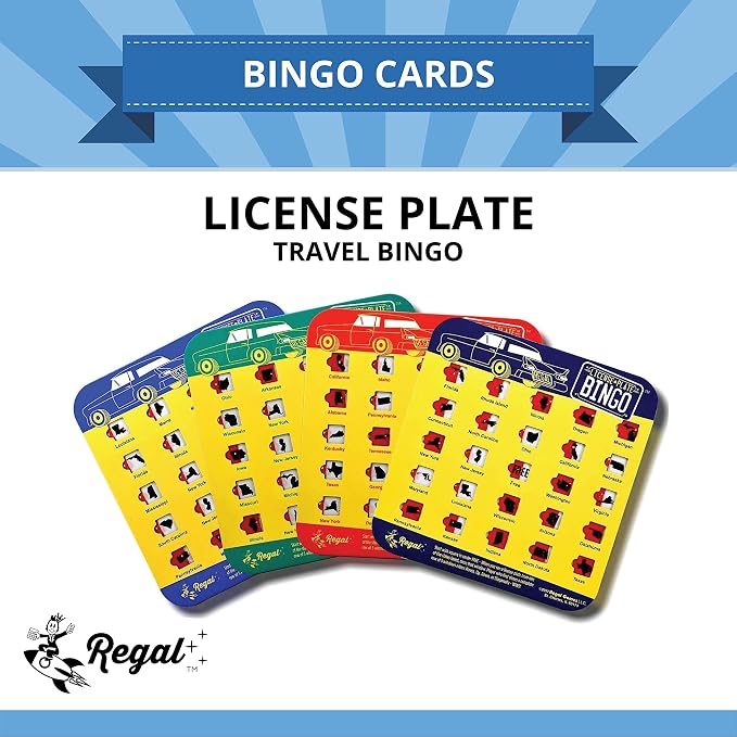 Regal Games Finger-Tip Shutter Bingo Cards with Sliding Windows - License Plate & Bingo Travel Game Set for Adults & Kids - Reusable, No Chips & Daubers Needed - 4 Packs - Yellow