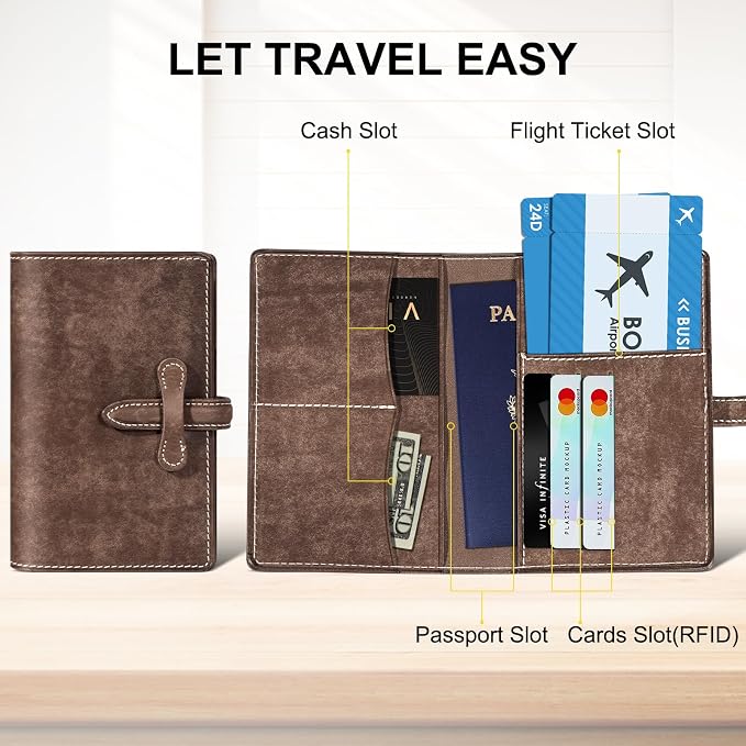 Leather Passport Holder for Travel,Passport Wallet,khaki | RFID Blocking Card Slot,Top-Grain leather with Magic Buckle,Boarding Pass Pocket,Retro Style,Slim and Light-weight