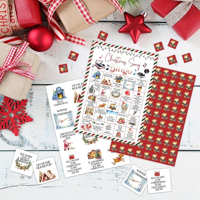 Christmas Song Bingo Game - Winter Bingo Card - 24 Players Bingo Game Set Indoor Outdoor Activities - Christmas, New Year Party Favors Supplies -A13