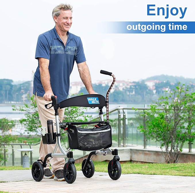 WALK MATE Rollator Walker for Seniors with Cup Holder, Upgraded Thumb Press Button for Height Adjustment, 4 x 8 Wheels Walker with Seat Padded Backrest Folding Lightweight Walking Aid, Silver