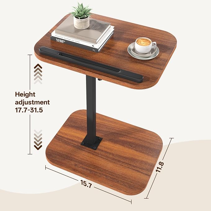 TV Tray Table, C Shaped End Table | Adjustable Height, Flip-Top, Snack Side Table with 360° Swivel and 180° Tilt, for Couch, Sofa, Bed, Recliner, Walnut