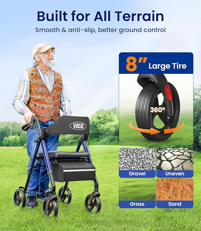 VOCIC Walkers for Seniors,Foldable Walker with Seat,Rollator Walker with Durable Aluminum,8" Big Wheels for All Terrain, Ergonomic Seat and Backrest,Dual Adjustable Height Rolling Walker| Pashion Blue