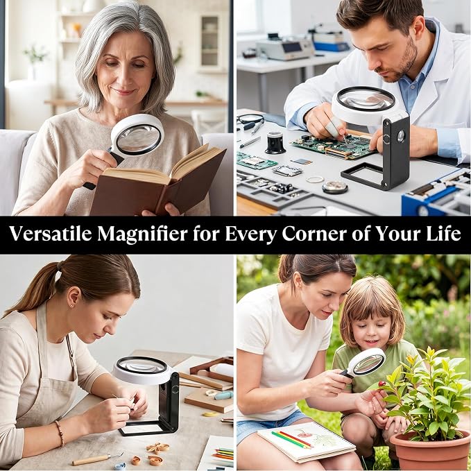 MoKo 10X 30X Magnifying Glass with Light and Stand for Close Work,Reading | Foldable Handheld Lighted Magnifier,32 LEDs 3 Modes,for Coins,Jewelry,Crafts,Seniors & Kids Gifts, Black