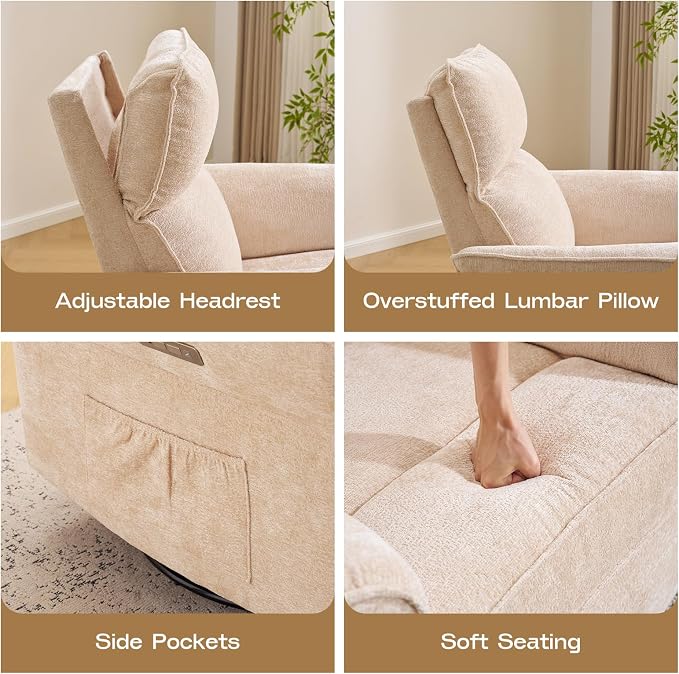 Power Nursery Recliner with Auto Rocking,Oversized Swivel Rocker Recliner with Massage and Heat,Glider Recliner Nursery Chair with Adjustable Headrest for Living Room and Bedroom,Beige