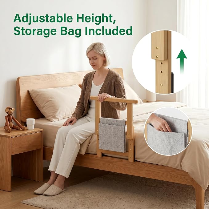 Bamboo Bed Assist Rail for Seniors Adjustable Grab Bar 300lbs Nature | Non-Slip Handle, Storage Pocket, Fits 4–12 inch Mattresses, Fits Twin, Full, Queen & King Beds