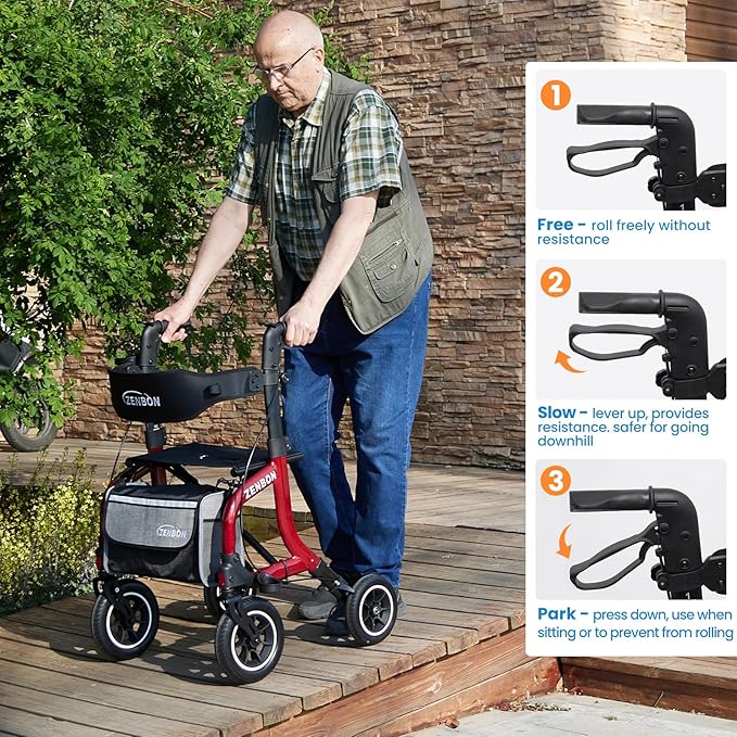 Rollator Walker for Seniors/Adults Foldable Rolling Walker with Seat 330 lbs Capacity 10 inch Wheels Hand Grips Adjustable Height Lightweight Durable Aluminum Walker Removable Back Support (Red)
