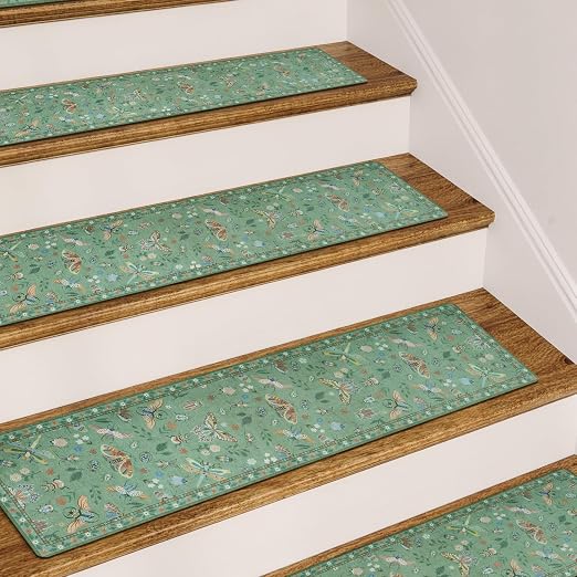 OJIA Insect Non-Slip Stair Treads for Wooden Steps 4PC 30"X8" Stair Runners | Indoor Anti-Slip Stair Rugs Safety Mats for Dogs, Kids & Elders, Rubber Backed Stair Treads Stair Covers, Green