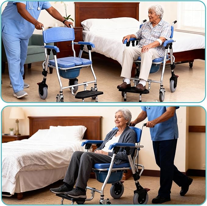 Bedside Commode with Wheels - Anti-Sponge Padded Seat, Foldable Mobile Toilet Shower Stool with 300 LBS Weight Capacity, Portable Toilet with Bucket for Elderly and Disabled