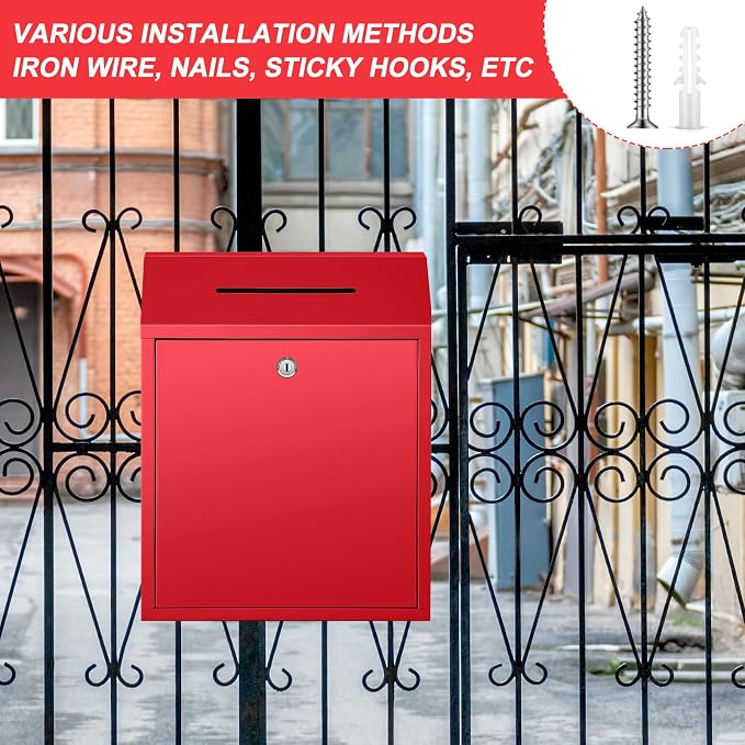 Yaocom Metal Money Box,Red,15 x 12 x 4 Inch,No Lid | Wall Mounted Drop Donation Cash Box for Farm Stand Collection Safe Suggestion Box with Lock Container for Home Office Outdoor
