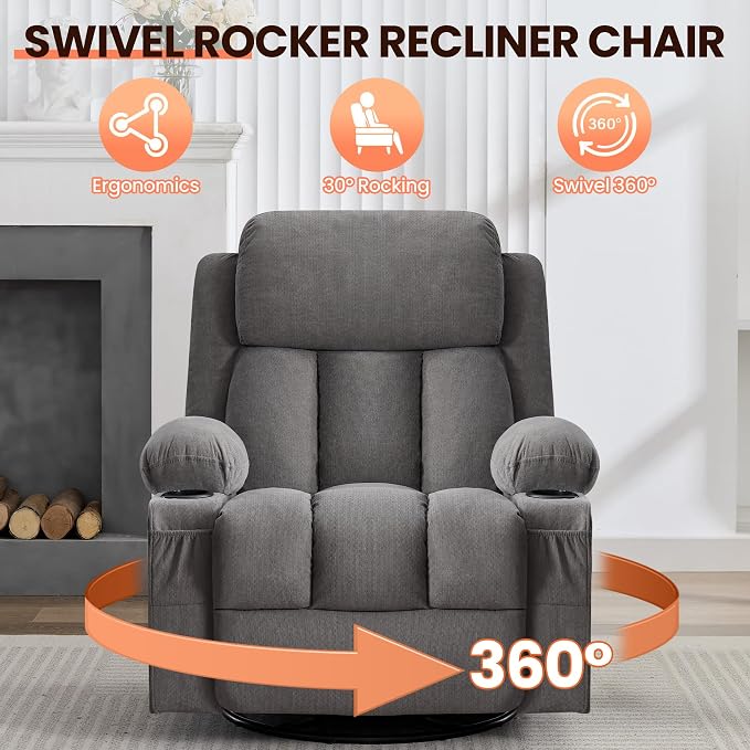 MAHOMICO Swivel Rocker Recliner Chair with Vibration Massage and Heat for Living Room,with Rocking Function and Side Pocket, USB Charge Port,2 Cup Holders