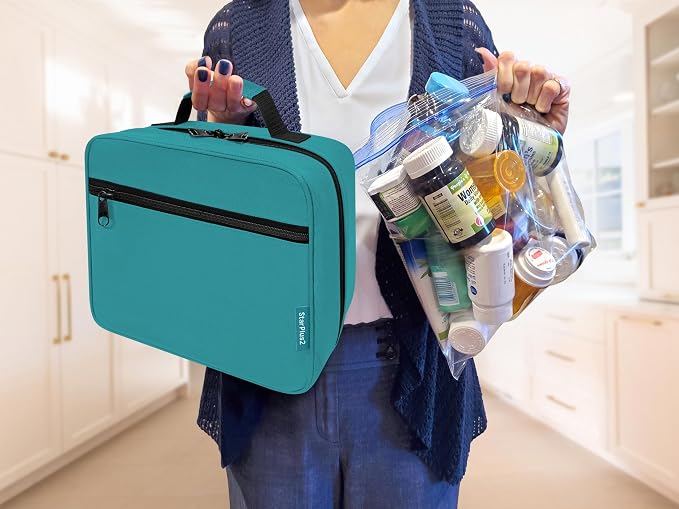 Large Medicine Organizer Bag – 10 Pocket Pill Bottle Organizer for Travel & Home Storage, Turquoise