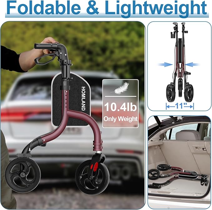 3 Wheel Walkers for Seniors, Foldable Wheeled Rollator with Cane Hold and Cup Hold, Lightweight Three Wheel Rolling Walker Height Adjustable for Seniors,Burgundy