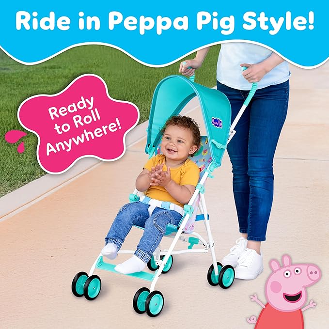 Peppa Pig Umbrella Stroller for Toddlers, Lightweight Foldable Travel Stroller with 3-Point Harness, Locking Wheels, Adjustable Canopy, Compact & Portable