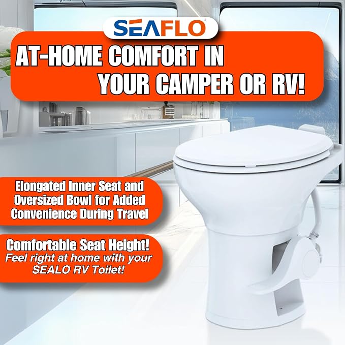 SEAFLO Porcelain RV Toilet with Sprayer Attachment - Elongated Bowl 19” Inch Residential Height, Gravity Flush, Foot Pedal Soft Close Seat Camper Motorhome Easy Install 4 -year Warranty SFRTCH-02-02