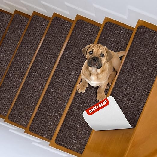 MBIGM Carpet Stair Treads for Wooden Steps, 7 Pack, 8" x 30", Brown Stripe | Four-layer polyester carpet with PP grid base, nonwoven cushion and TPR adhesive backing adds indoor traction and comfort
