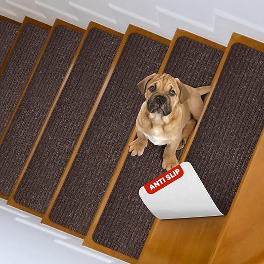 MBIGM 8" x 30" Non Slip Carpet Stair Treads Indoor (4 Pack), Non Skid Stair Rugs for Stairs, Slip Resistant Stair Runner for Kids, Seniors & Pets, Reusable Adhesive, Brown