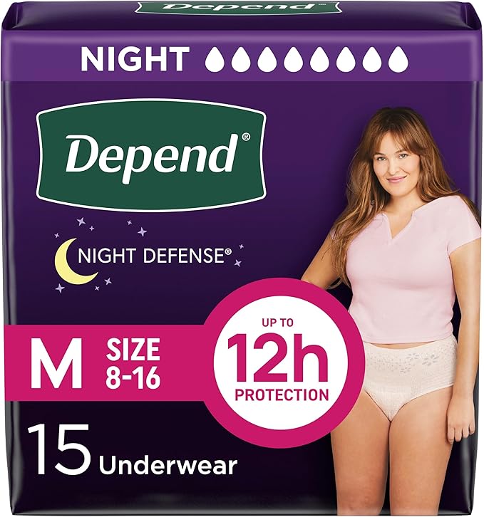 Depend Night Defense Adult Diapers, Incontinence & Postpartum Bladder Leak Underwear for Women, Disposable, Overnight, Medium, Blush, 15 Count, Packaging May Vary