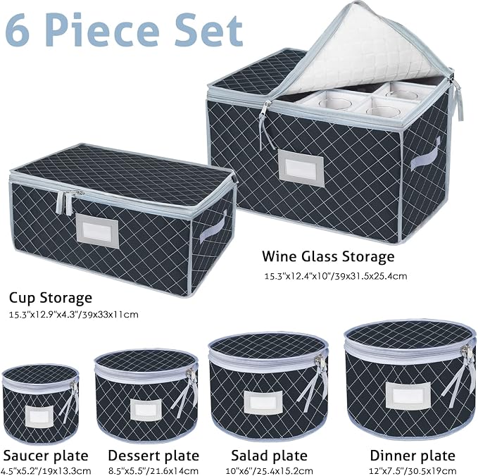 China Dinnerware Storage Containers Set- Dish,Mug,Stemware Storage Cases - Quilted Box Bins Stackable with Divider,handles,Clear Window for Cups,Plates,Wine Glasses Moving Set of 6 (Grey