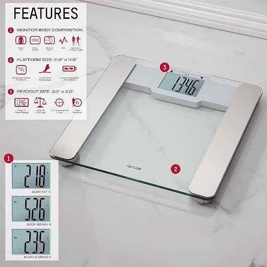 Taylor Digital Glass Bathroom Scale with Body Fat, Body Water and Muscle Mass Analysis - Clear Tempered Glass Platform, 400 lb Capacity, Large Display, Stainless Steel Accents