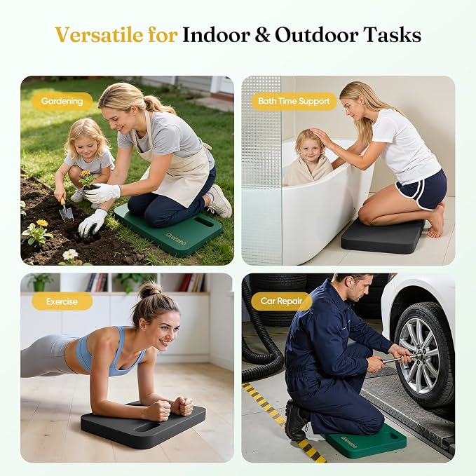 Grenebo 2-Pack Kneeling Pads, Extra Thick, 17.3 x 11 x 1.6 in, Black Green | Soft NBR Foam Cushion for gardening kneeling pad use, Knee pad support for Gardening, Baby Bathing, Exercise and Work
