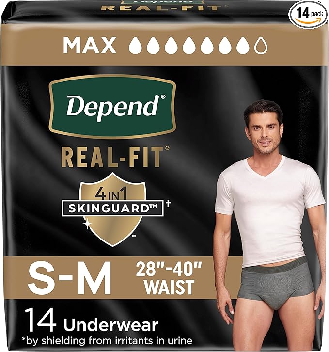 Depend Real Fit Adult Diapers, Incontinence Underwear for Men, Disposable, Maximum Absorbency, Small/Medium, Grey, 14 Count, Packaging May Vary