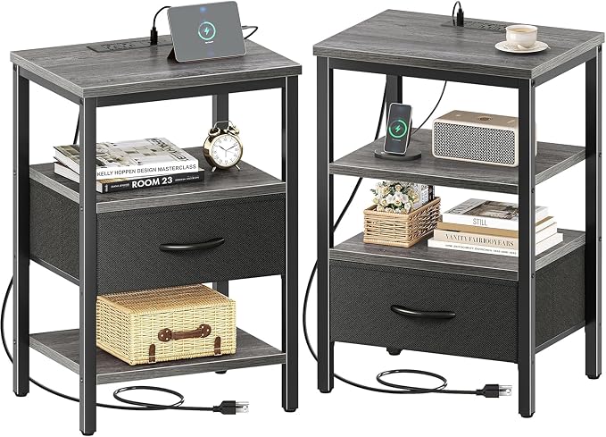 SUPERJARE Nightstand Set of 2 with Charging Station, USB-C Port, End Tables | Night Stand for Bedroom, with Adjustable Fabric Drawer, 3-Tier Storage Bedside Tables for Living Room, Charcoal Gray