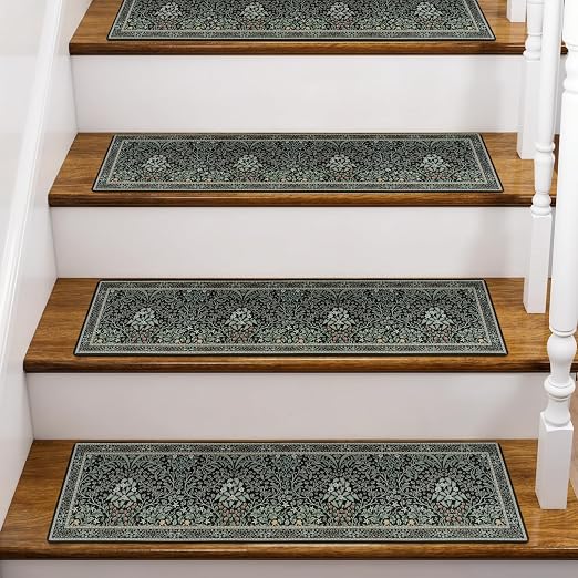 OJIA Stair Treads Non-Slip Stair Runner for Wooden Steps 4PCS 30"x8" Black | Indoor Floral Carpet Stair Treads Stair Mats Staircase Step Treads for Kids, Elders and Dogs, Stair Covers, Black