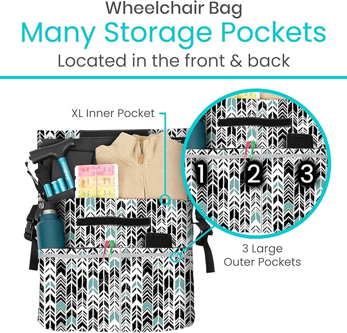 Vive XL Wheelchair Accessories Bag - Waterproof, Scratch-Resistant, Double-Stitched, Machine Washable for Adults, Seniors, 15 Colors - Storage Walker Backpack to Hang on Back