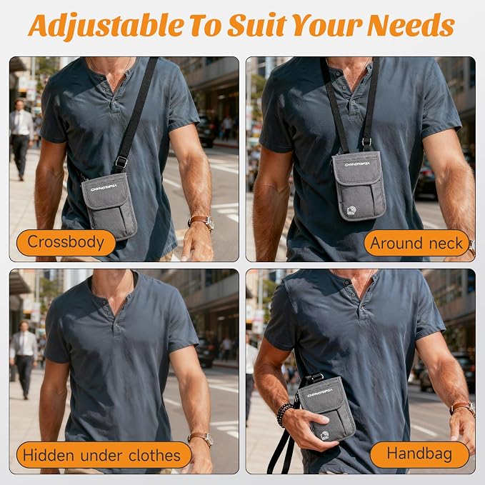 Neck Wallet & RFID Blocking Passport Holder for Travel – Waterproof Hidden Travel Wallet with Card Slots, Adjustable Strap, Portable Document Organizer for Men, Women (Gift) Grey