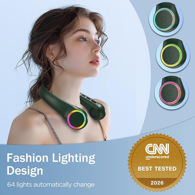 Portable Neck Fan, Personal Fan with 4000mAh Battery, Rechargeable Neck Fan with 3 Speeds and 64 Cool Lights, Birthday Gifts for Men Women Mom Dad, Hands Free Cooling fan for Summer(Dark Green)