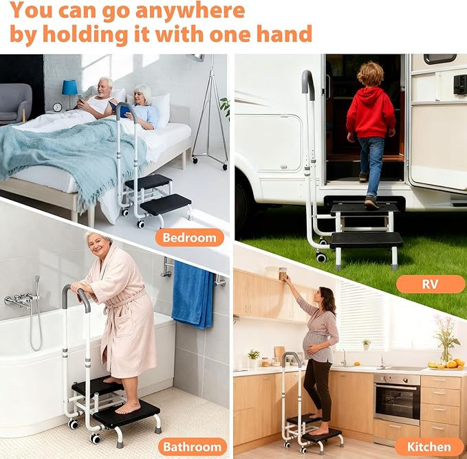Step Stool with Handle for Elderly with Lockable Casters 5-Level Adjustable Handrail Non-Slip Platform Bed Steps for High Beds for Adults for Bathtub Kitchen High Beds Foot Stool