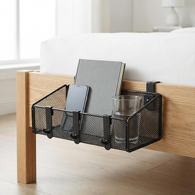 JDYOOMI Bedside Caddy Shelf Hanging Storage Basket for Bunk Bed and Office Cubical Walls,Baby Bed Rails,College Dorm Bed Organizer - 5 Pairs Sized Hooks-for Phone Glass Magazine Decor (White)