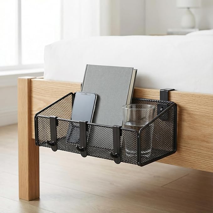 JDYOOMI Bedside Caddy Shelf Hanging Storage Basket for Bunk Bed, Office Cubical Walls, Baby Rails, College Dorm Organizer - 5 Pairs Sized Hooks for Phone, Glass, Magazine, Decor (Black)