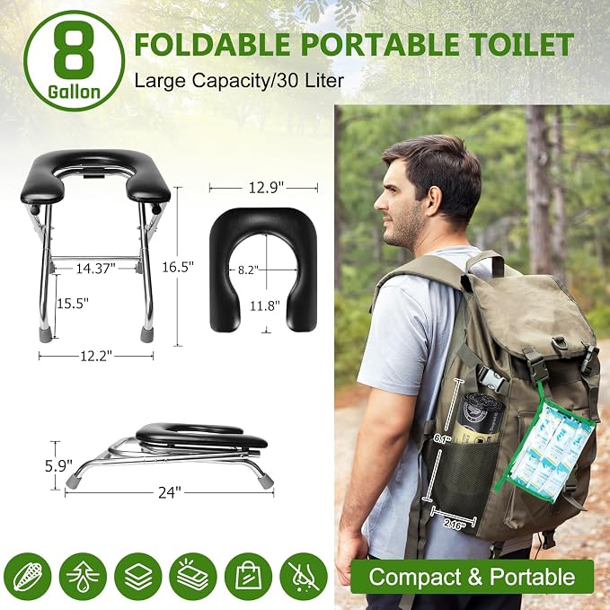 BLIKA Portable Toilet for Camping, 350LBS Stainless Steel Foldable Camp Travel Toilet with Soft Seat for Adults, 16.5-Inch Portable Toilet for Truckers, Camping, RV Travel, Road Trips, Outdoor Use